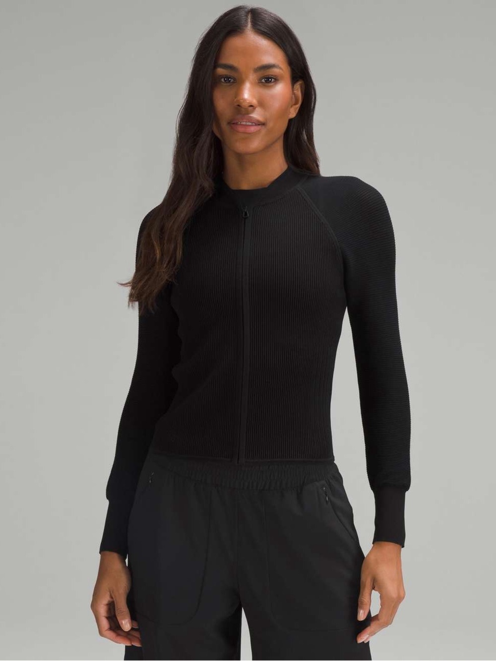 lululemon athletica Black Lightweight Ribbed Full-Zip V-Neck Knit Jacket Size L
